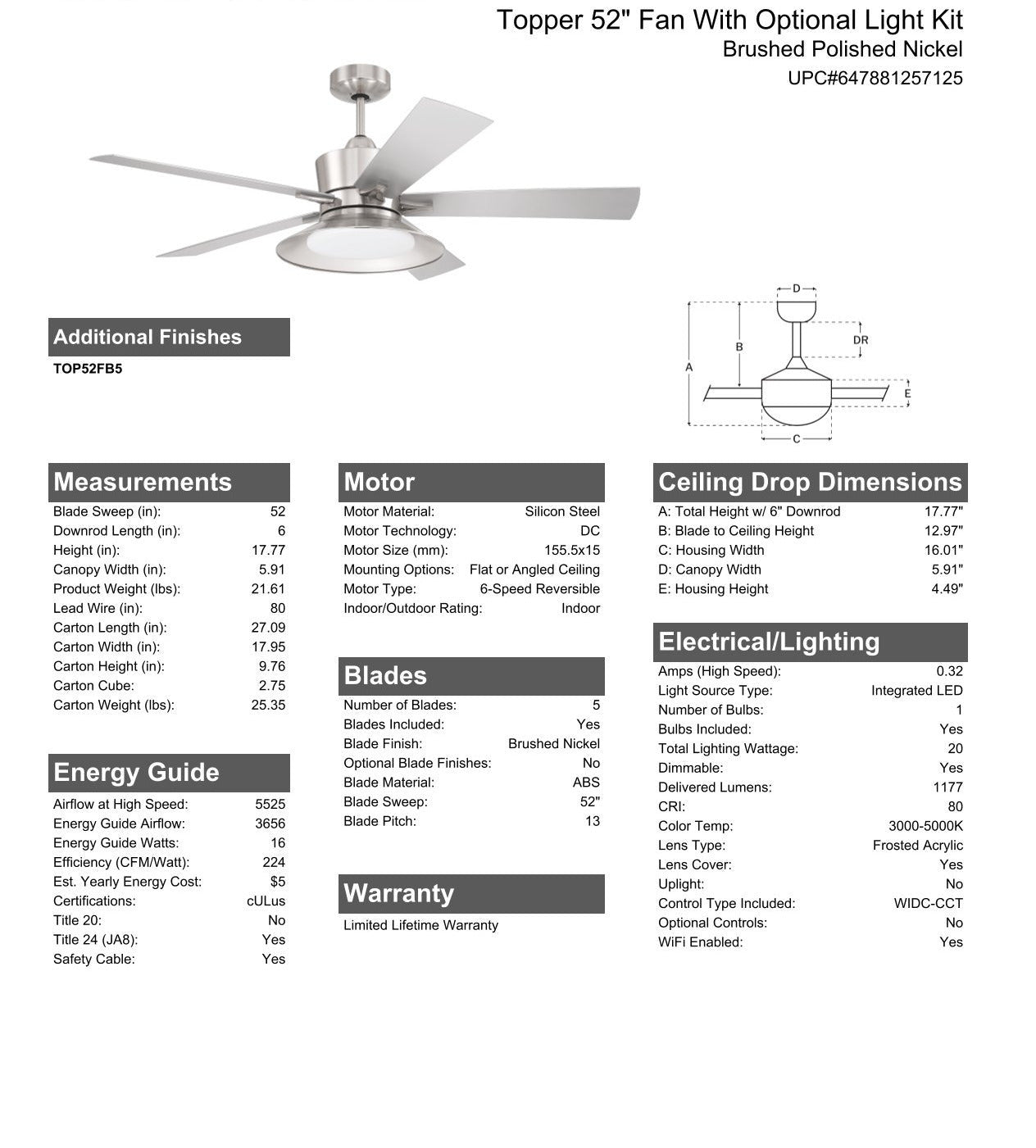 ##Antique Hardware## 52" Topper in Brushed Polished Nickel w/ Brushed Nickel Blades