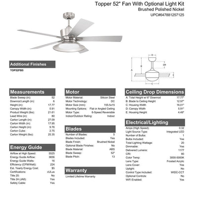 Antique Hardware 52" Topper in Brushed Polished Nickel w/ Brushed Nickel Blades Ceiling Fan