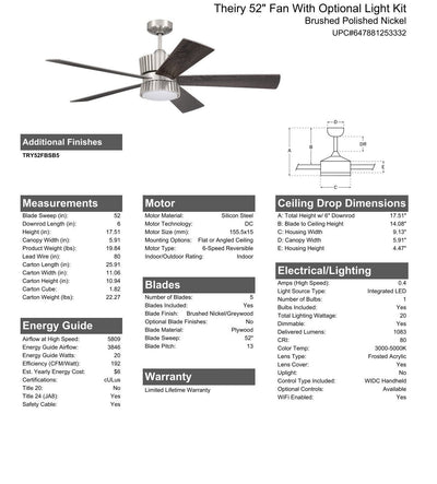 52" Theiry in Brushed Polished Nickel w/ Brushed Nickel/Greywood Blades