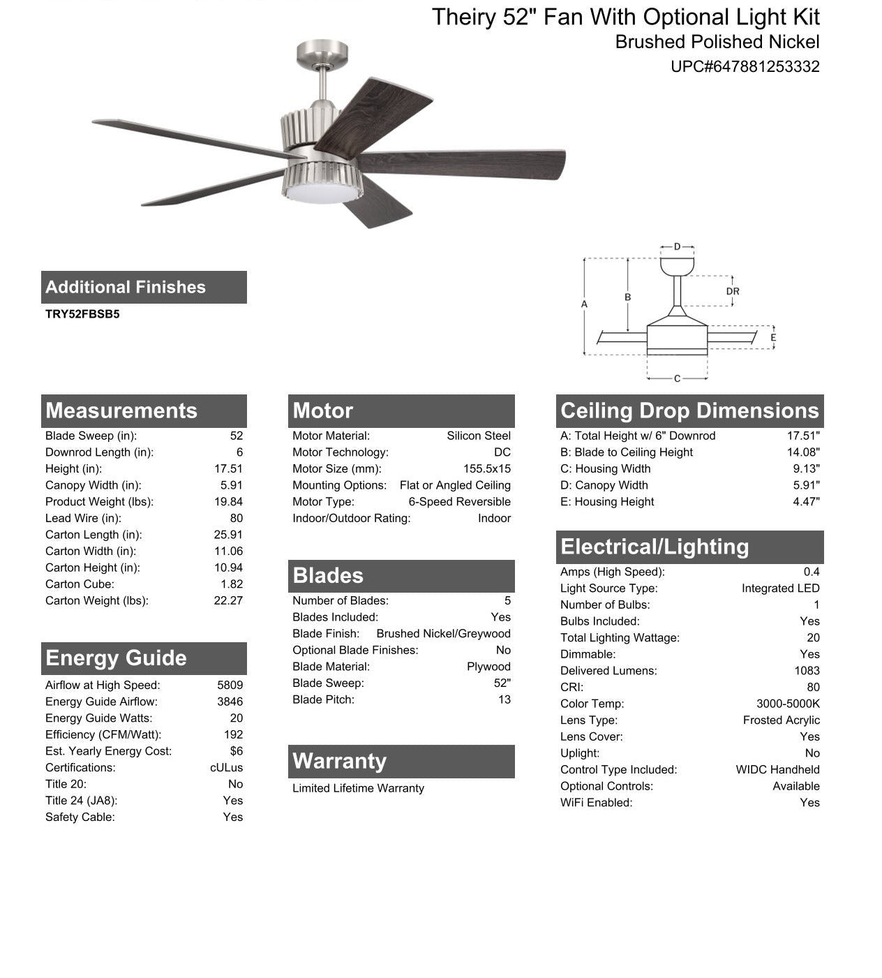 ##Antique Hardware## 52" Theiry in Brushed Polished Nickel w/ Brushed Nickel/Greywood Blades