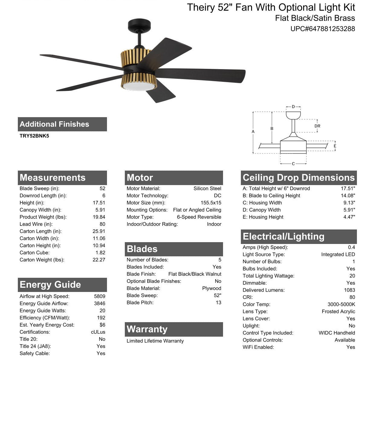 Antique Hardware 52" Theiry in Flat Black w/ Flat Black/Black Walnut Blades Ceiling Fan