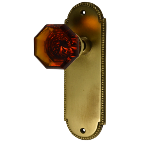 Amber Glass Crystal Octagon Door Knob Set With Beaded Oval Back Plate