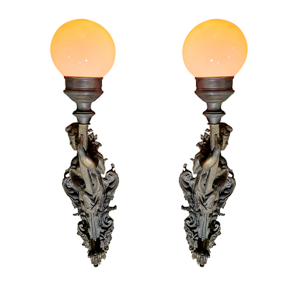 28 Inch Tall Pair Bronzed Heavy Sconces (Left/Right) with Shades