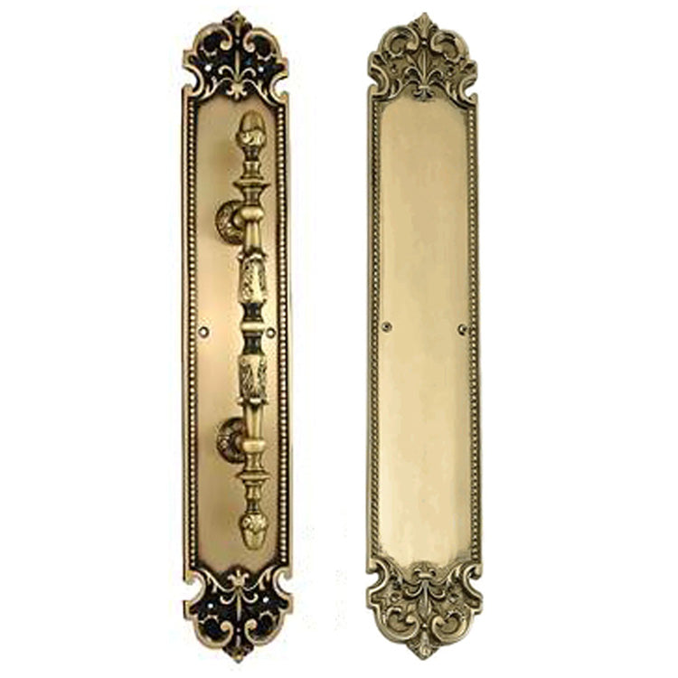 18 Inch (14 7/8 Inch C-C) Solid Brass Traditional Fleur-De-Lis Door Pull & Push Plate Set