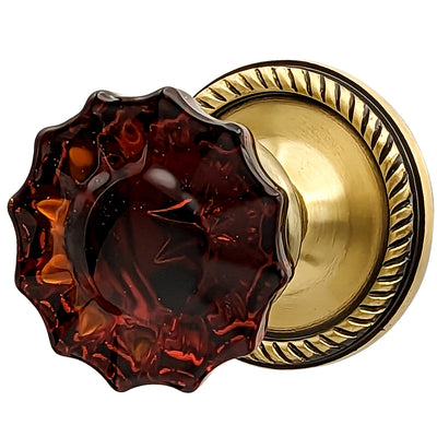 Amber Fluted Crystal Door Knob Set with Rope-Trimmed Rosettes