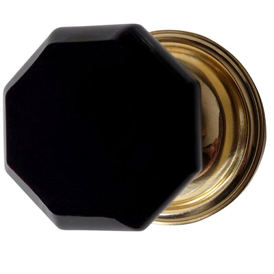 Genuine Black Milk Glass Octagon Door Knob Set with a Solid Brass Rosette