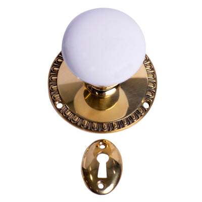 Genuine White Porcelain Egg & Dart Style Mortise Doorknob Set (Polished Brass)