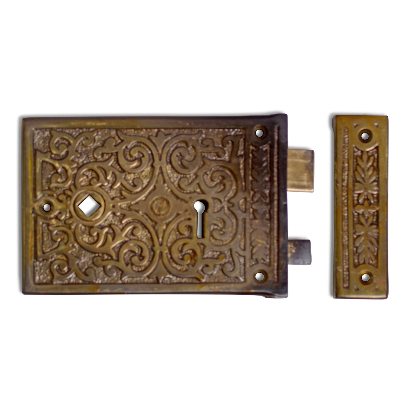 Ornate Victorian Rim Lock Set with Regency Fluted Glass Knob and Regular Rosette (Antique Brass Finish)