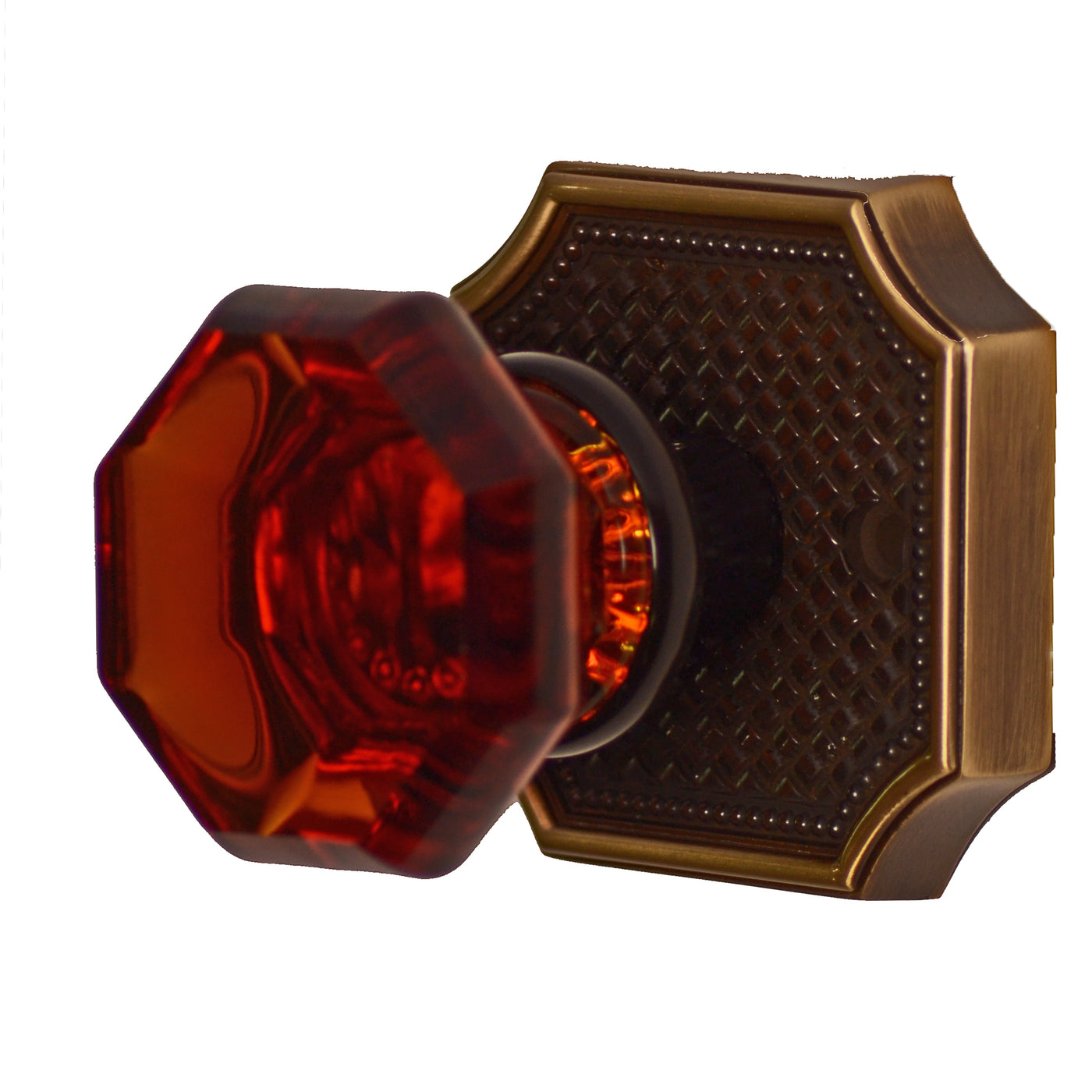 Amber Octagon Crystal Door Knob Set with Two-Tone Vintage Square Plate