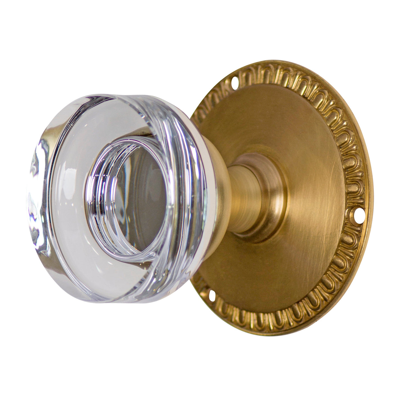 Crystal Clear Disc Door Knob Set with Egg & Dart Rosette (Several Finishes Available)