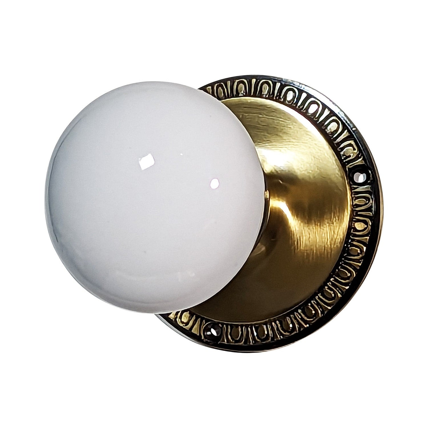 White Porcelain Door Knob with Egg & Dart Plate (Several Finishes Available)