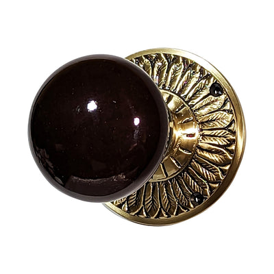 Brown Porcelain Door Knob with Brass Feathers Rosette