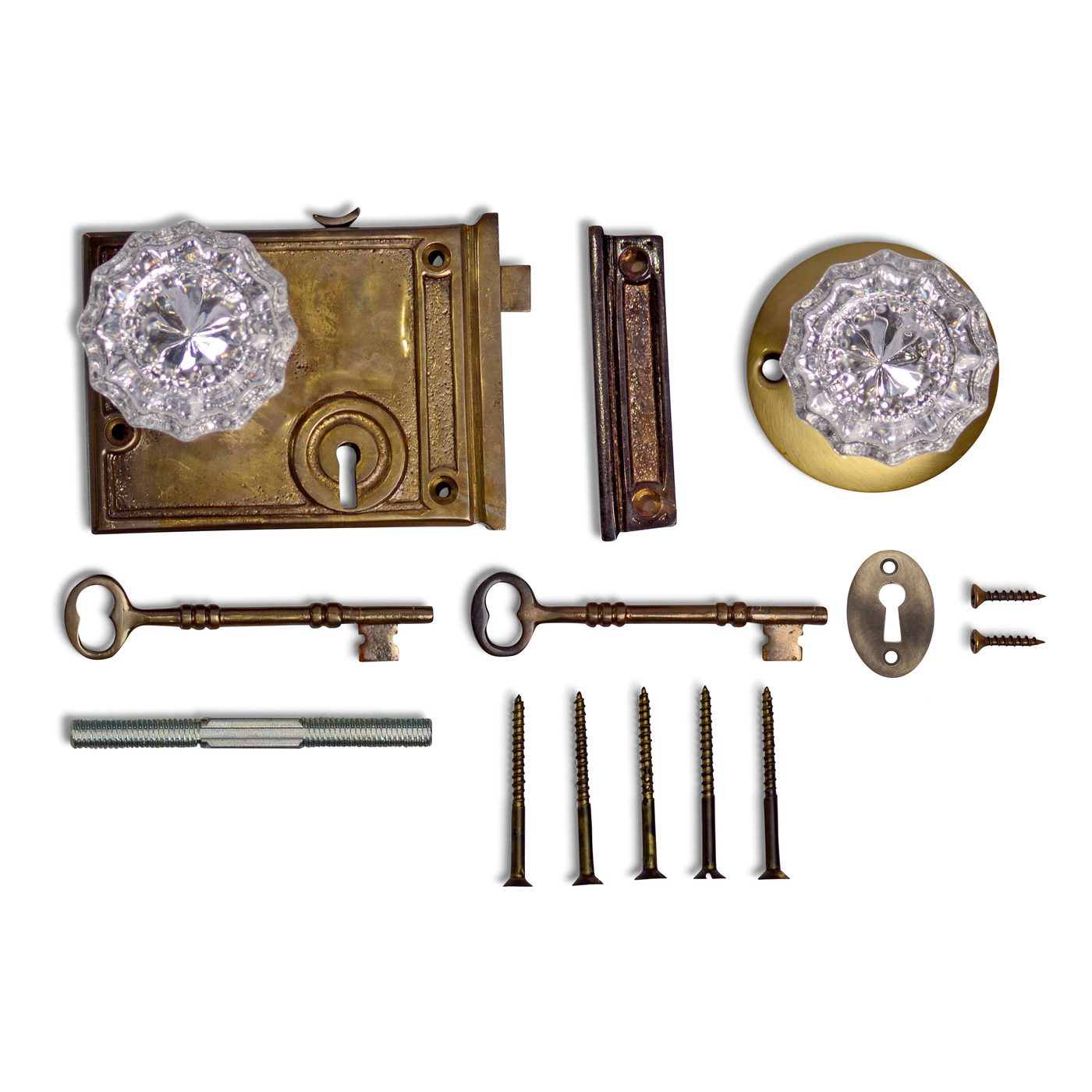 Rim Lock Set with Regency Fluted Glass Knob and Regular Rosette (Antique Brass Finish)