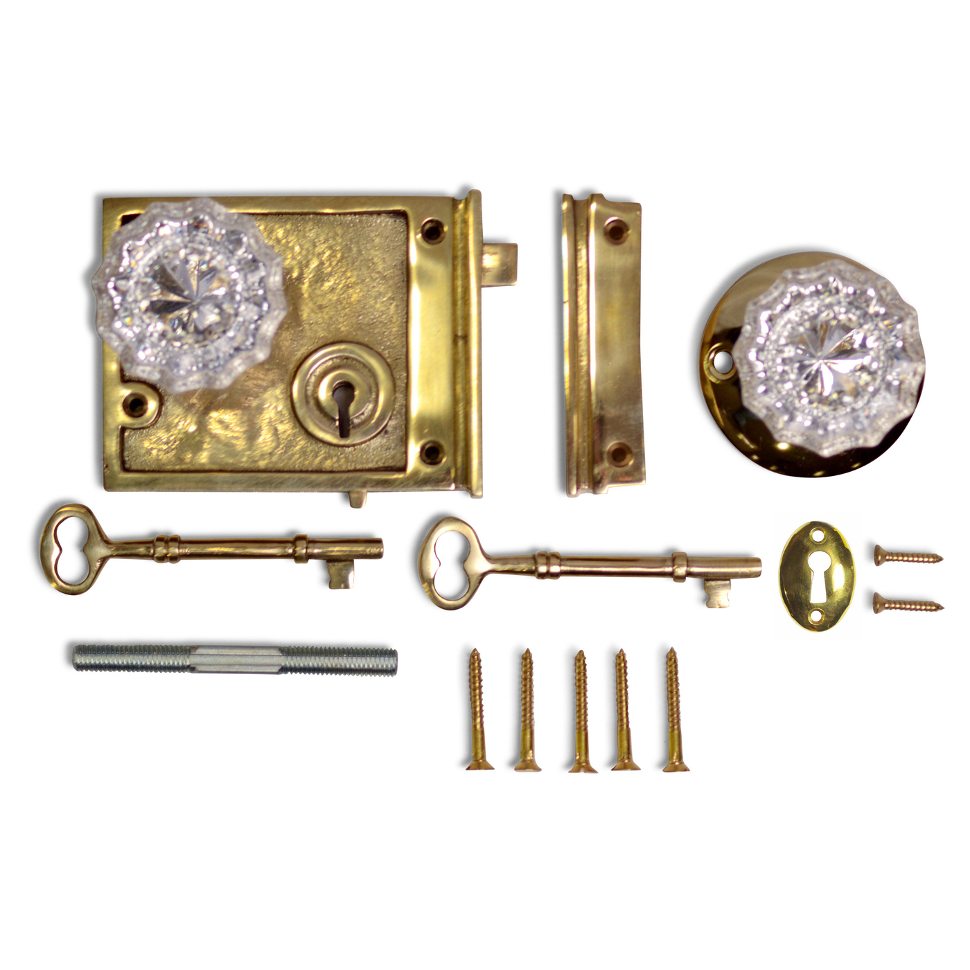 Double Locking Rim Lock Set with Regency Fluted Glass Knob and Regular Rosette (Polished Brass Finish)