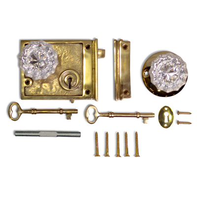 ##Antique Hardware## Double Locking Rim Lock Set with Regency Fluted Glass Knob and Regular Rosette (Polished Brass Finish)