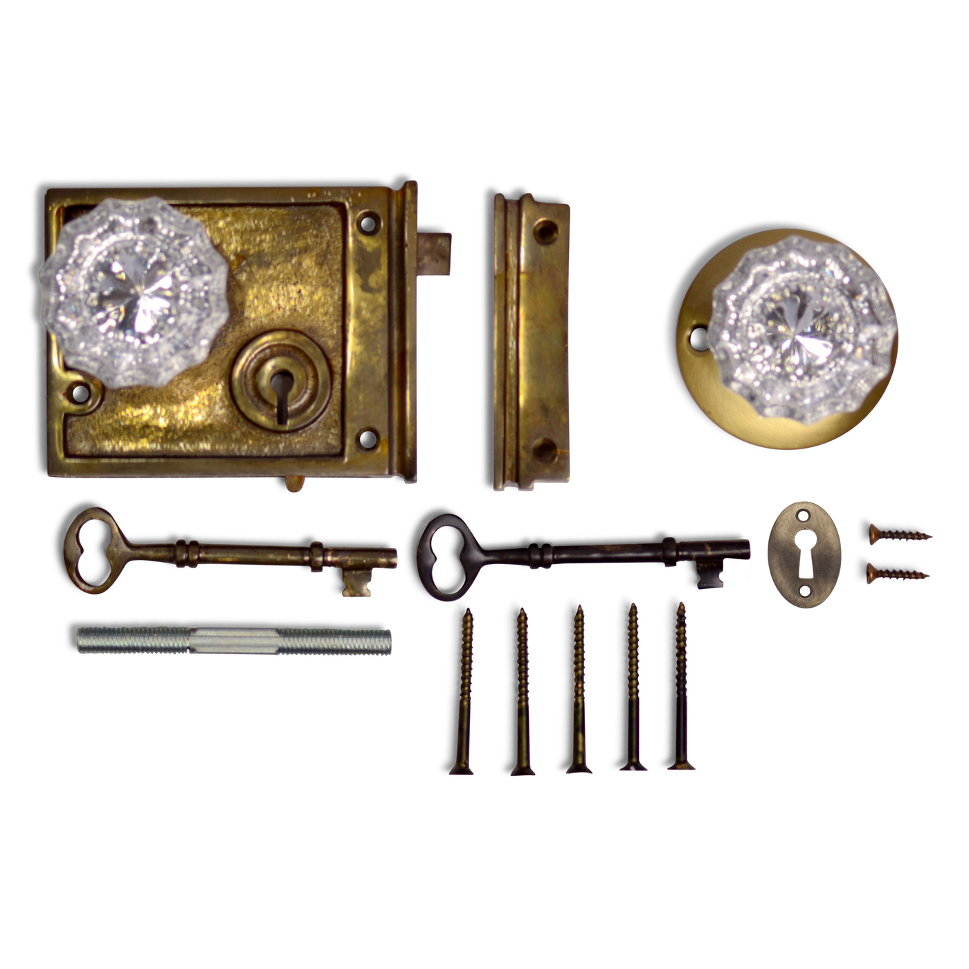 Double Locking Rim Lock Set with Regency Fluted Glass Knob and Regular Rosette (Antique Brass Finish)