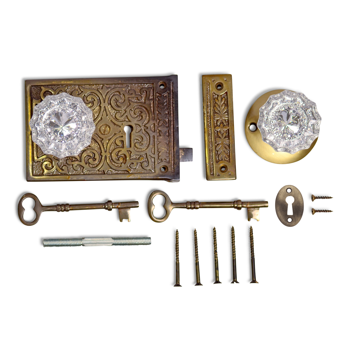 Ornate Victorian Rim Lock Set with Regency Fluted Glass Knob and Regular Rosette (Antique Brass Finish)