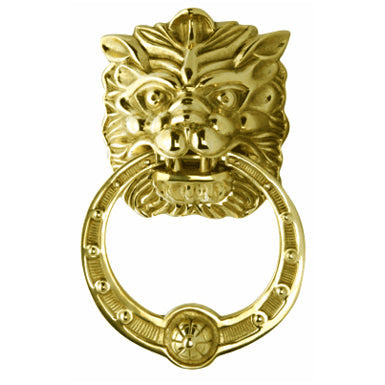 8 3/8 Inch (4 Inch c-c) Solid Brass Regal Lion Door Knocker (Polished Brass Finish)
